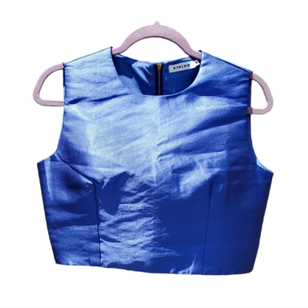 Stelen Sleeveless Silky Blue Blouse Round Neckline Zipper‎ Medium NWOT